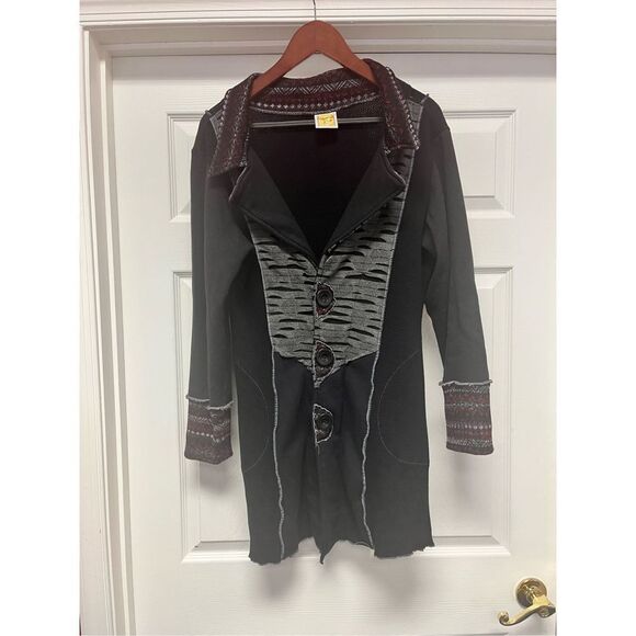 Hand Jive Art To Wear Black Mixed Media Cardigan Sweater sz M Handmade Lagenlook - Picture 1 of 10